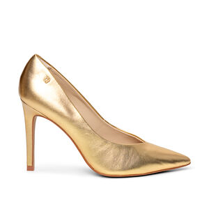 SCARPIN SALTO ALTO DOURADO METALIZADO DE COURO