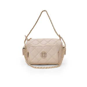 BOLSA DE COURO BEGE VANILLA MATELASSÊ ALÇA CORRENTE SHOULDER BAG