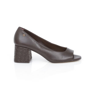 SAPATO PEEP TOE MARROM DE COURO SALTO BAIXO