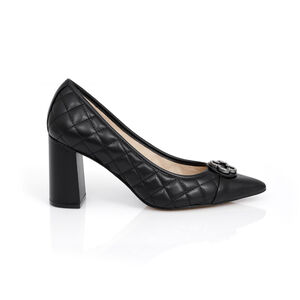 SCARPIN SALTO ALTO PRETO DE COURO SATINATO MATELASSÊ
