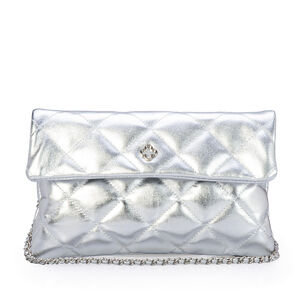 BOLSA M&Eacute;DIA PRATA METALIZADA COURO MATELASS&Ecirc; VIRA CLUTCH
