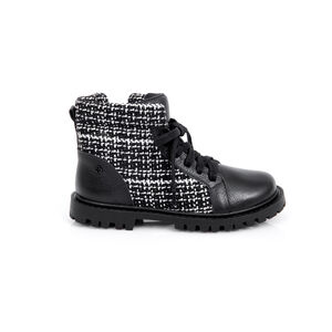 BOTA INFANTIL PRETA E BRANCA COURO TWEED