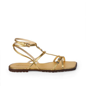 SANDÁLIA RASTEIRA DOURADA METALIZADA DE COURO