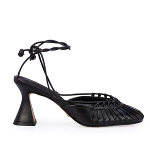 SCARPIN SLINGBACK PRETO DE COURO AMARRA&Ccedil;&Atilde;O