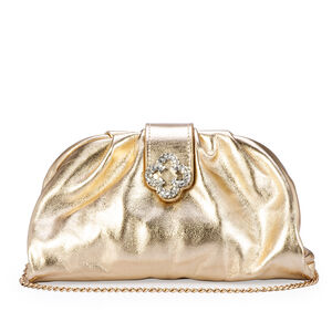 BOLSA CLUTCH DOURADA METALIZADA DE COURO AL&Ccedil;A CORRENTE