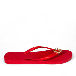CHINELO DE DEDO VERMELHO RUBI MONOGRAMA LOGO DOURADO