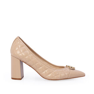 SCARPIN SALTO BLOCO NUDE SEDA DE COURO MATELASS&Ecirc;