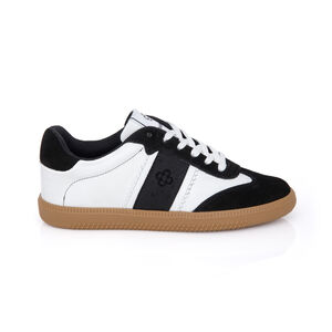 TÊNIS FEMININO DE COURO PRETO E BRANCO SOLA BEGE