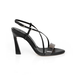 SANDÁLIA SALTO ALTO PRETA DE COURO TIRA VINIL