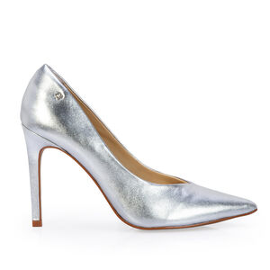 SCARPIN SALTO ALTO FINO PRATEADO METALIZADO DE COURO