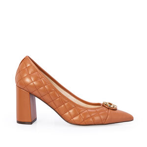 SCARPIN SALTO BLOCO CARAMELO DE COURO MATELASS&Ecirc;