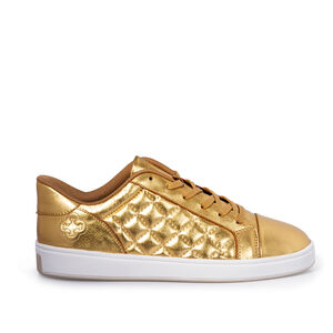 TÊNIS FEMININO DOURADO DE COURO AMARRAÇÃO MATELASSÊ