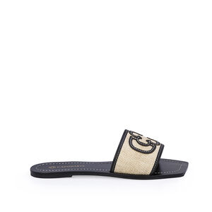 CHINELO SLIDE PRETO DE COURO JUTA CRU