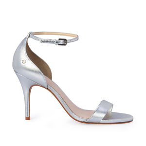 SANDÁLIA SALTO ALTO PRATEADA DE COURO