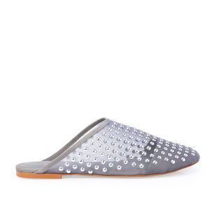 MULE CINZA CARBONO TELA NOBUCK TACHAS