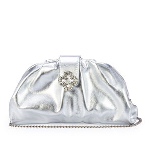 BOLSA CLUTCH PRATA METALIZADA DE COURO ALÇA CORRENTE