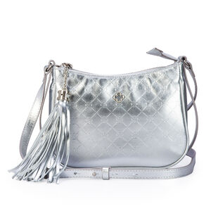 BOLSA TRANSVERSAL PRATEADA DE COURO MONOGRAMA COM BARBICACHO