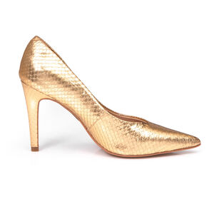 SCARPIN SALTO ALTO FINO DOURADO METALIZADO DE COURO PITONE