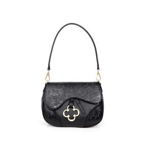 BOLSA TIRACOLO PRETA DE COURO FLORATTA