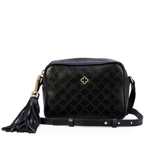 BOLSA PEQUENA PRETA TRANSVERSAL DE COURO COM BARBICACHO