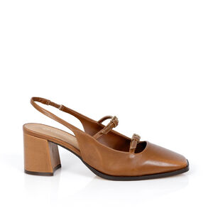 SCARPIN SALTO BLOCO DE COURO CARAMELO COM FIVELAS