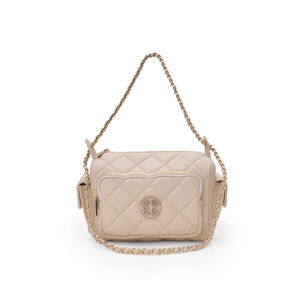 BOLSA DE COURO BEGE VANILLA MATELASSÊ ALÇA CORRENTE SHOULDER BAG