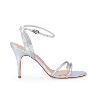 SANDÁLIA SALTO ALTO PRATEADA METALIZADA DE COURO