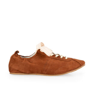 T&Ecirc;NIS BALLERINA MARROM DE COURO SUEDE 5 PINS + 1 ATACADOR NUDE