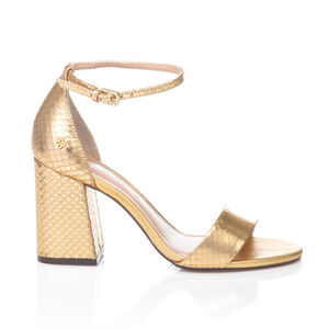 SANDÁLIA SALTO ALTO DE COURO DOURADA PITONE