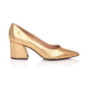 SCARPIN DOURADO PITONE SALTO BLOCO DE COURO