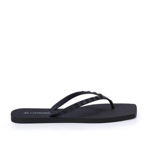 CHINELO DE DEDO BICO QUADRADO PRETO TIRAS MONOGRAMA