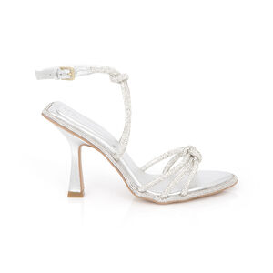 SANDALIA SALTO FINO PRATEADA TIRAS STRASS CRISTAL