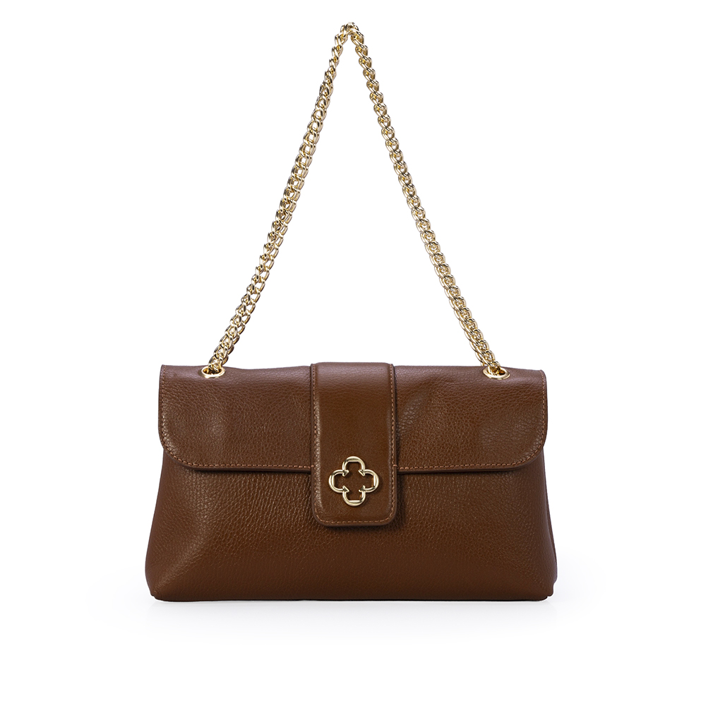 BOLSA M&Eacute;DIA MARROM DE COURO AL&Ccedil;A CORRENTE DOURADA image number 3