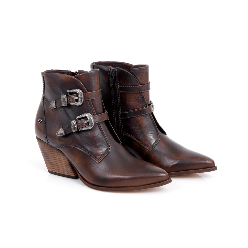 BOTA CANO CURTO MARROM DE COURO COM FIVELAS image number 1