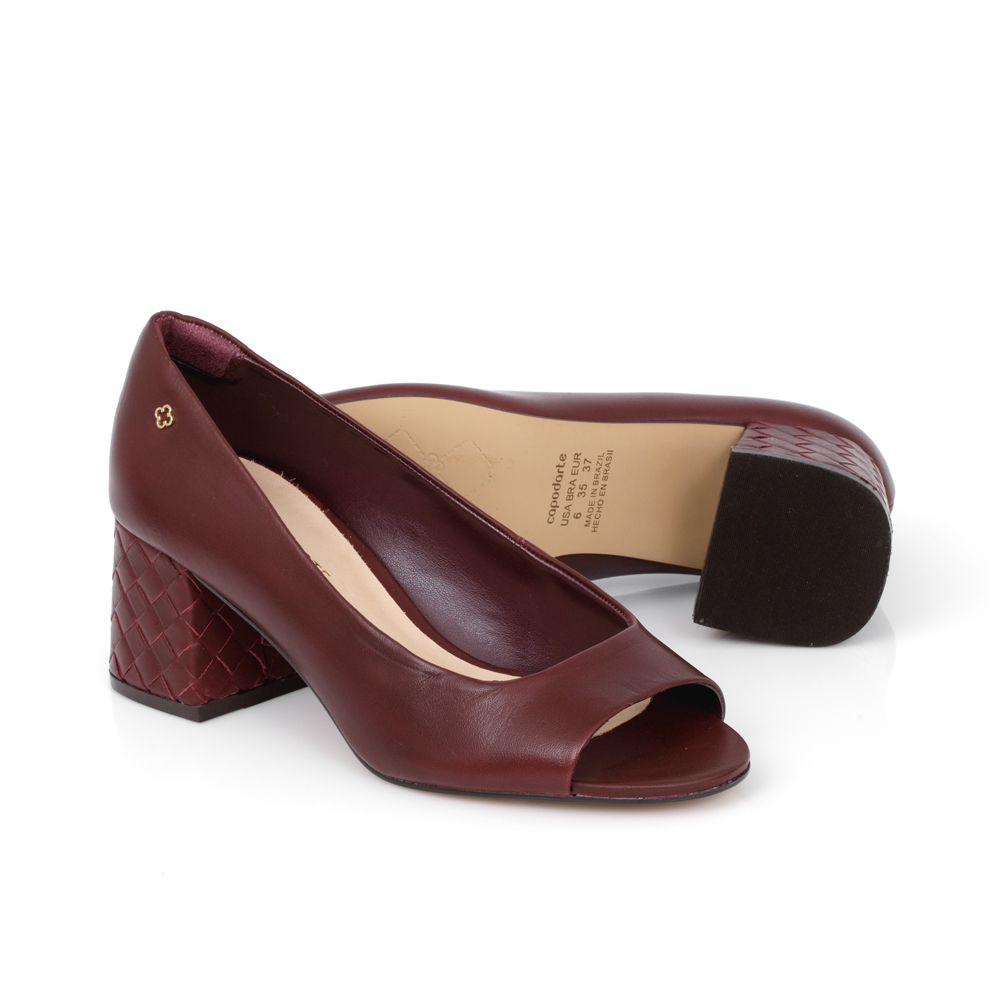 SAPATO PEEP TOE SALTO BAIXO DE COURO BORDÔ image number 3