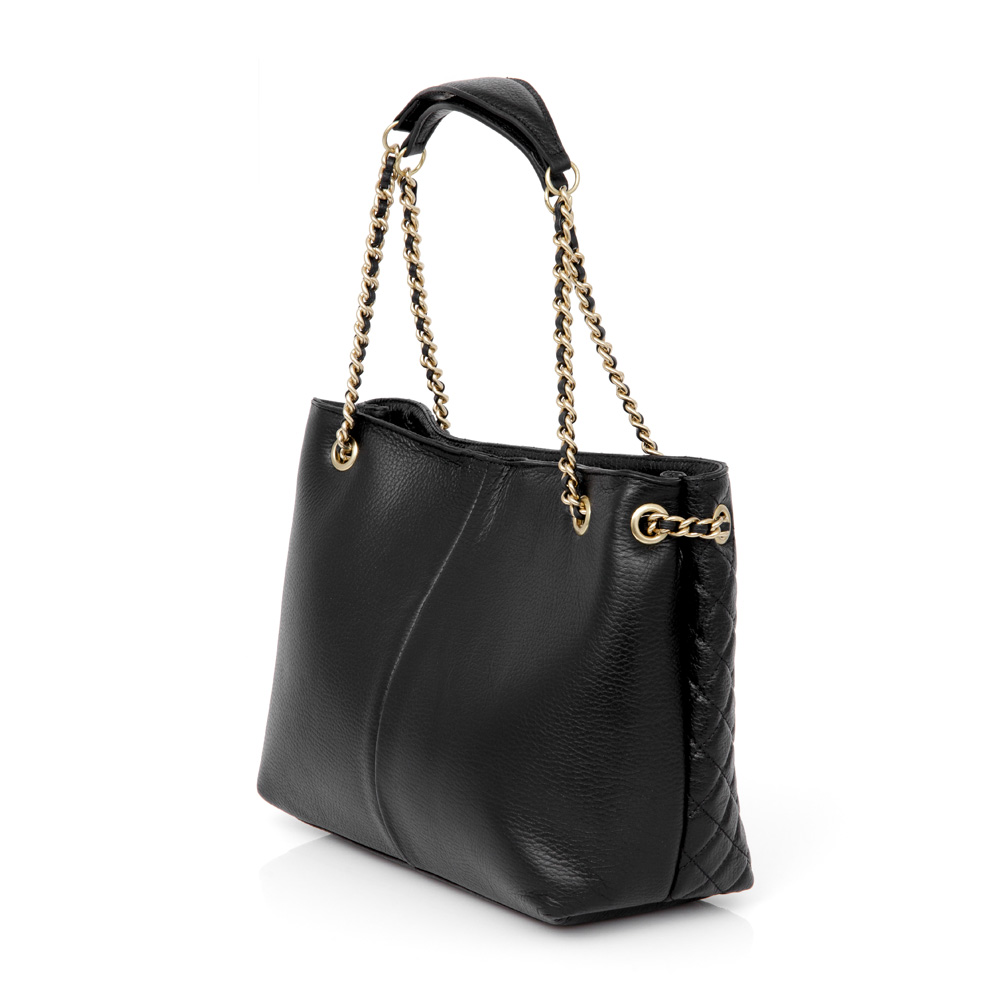 BOLSA M&Eacute;DIA PRETA DE COURO CORRENTE DOURADA CARINA image number 3