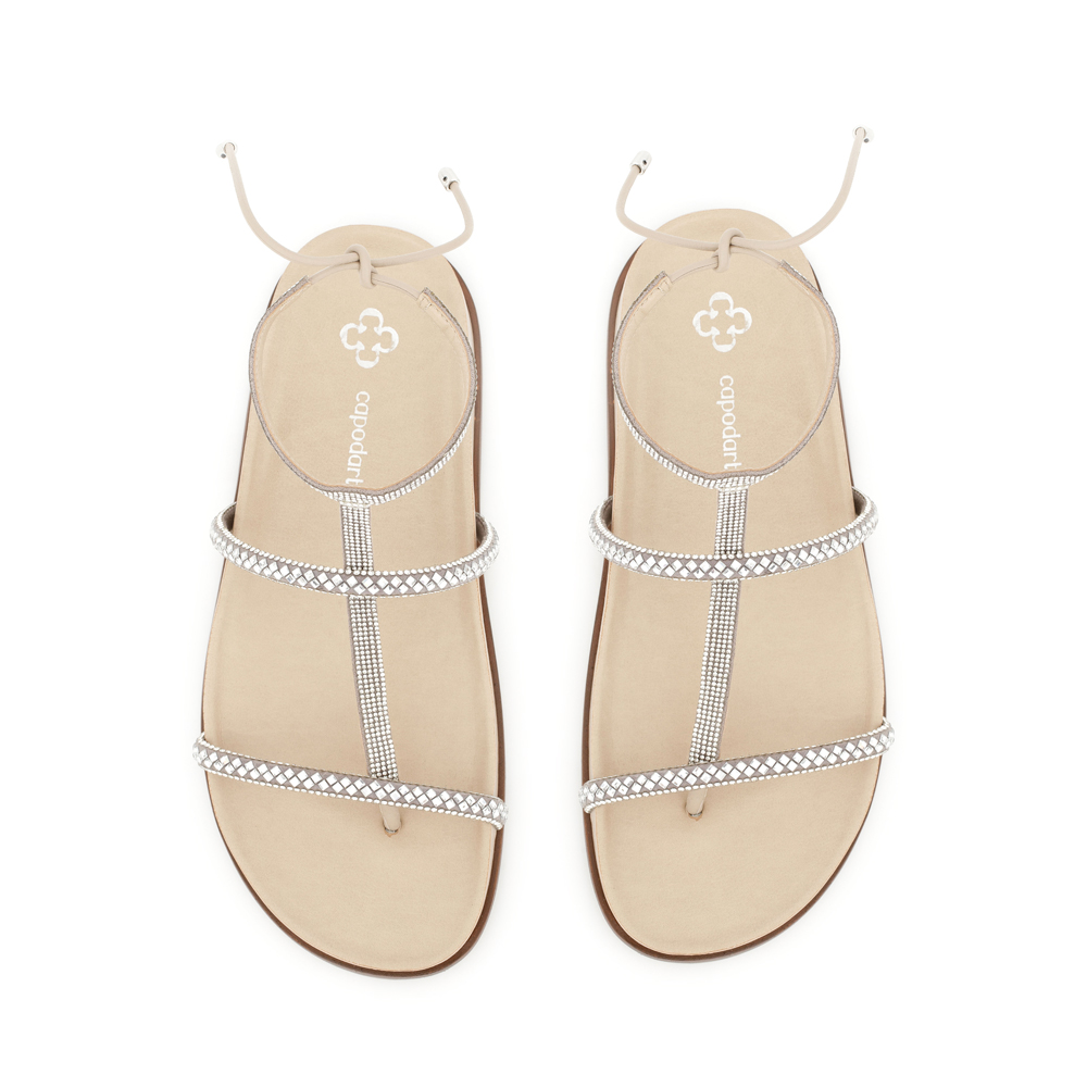 SANDÁLIA PAPETE PRATA E BEGE OSTRA PEDRARIAS AMARRAÇÃO image number 4