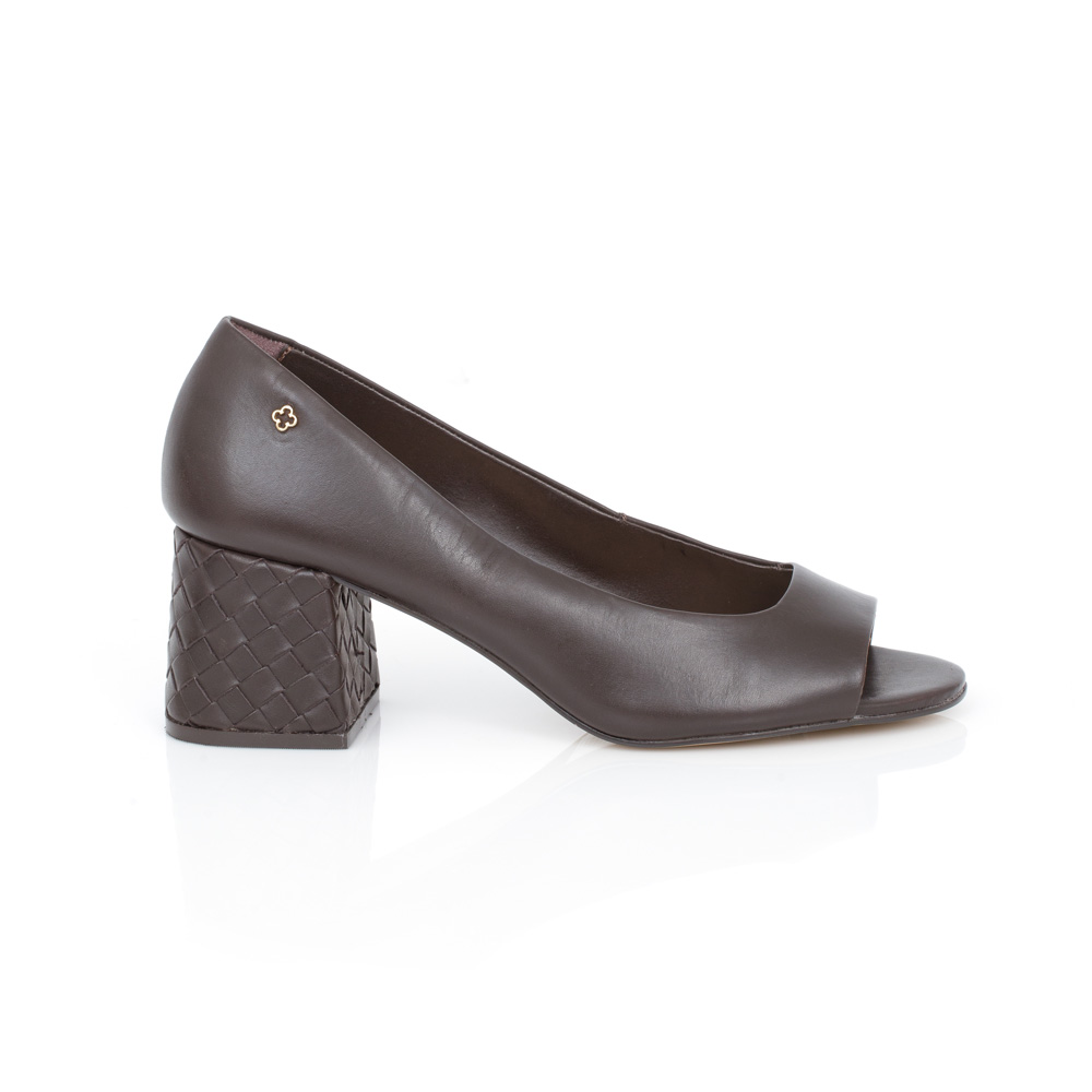 SAPATO PEEP TOE MARROM DE COURO SALTO BAIXO image number 0
