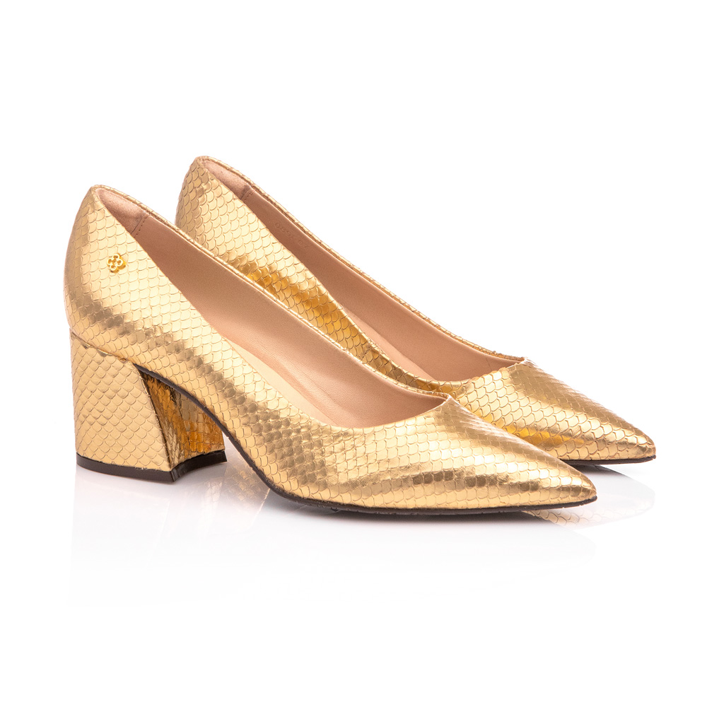 SCARPIN DOURADO PITONE SALTO BLOCO DE COURO image number 1