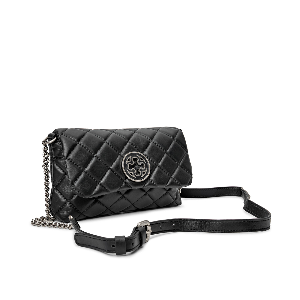 BOLSA PEQUENA PRETA DE COURO MATELASSÊ ALÇA CORRENTE PRATA image number 1