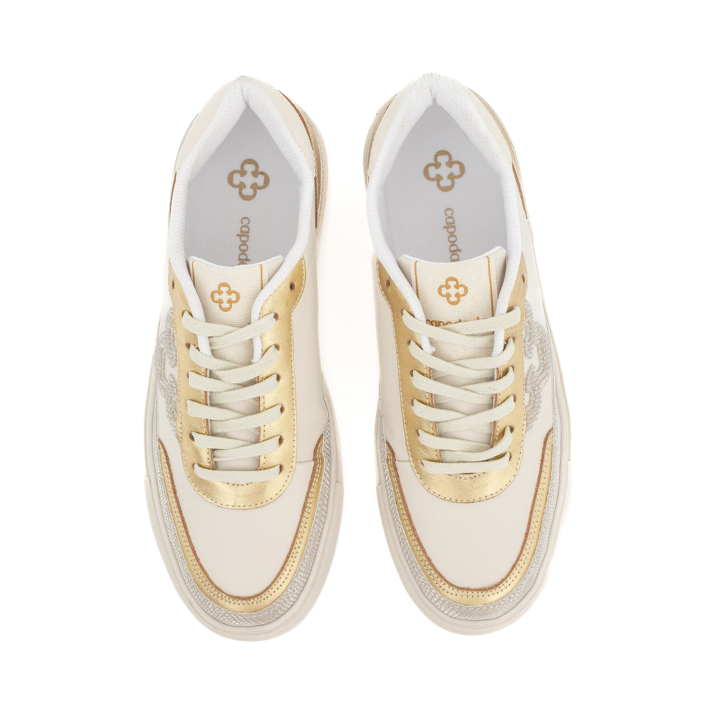TÊNIS COURO BEGE E DOURADO AMARRAÇÃO FEMININO image number 4