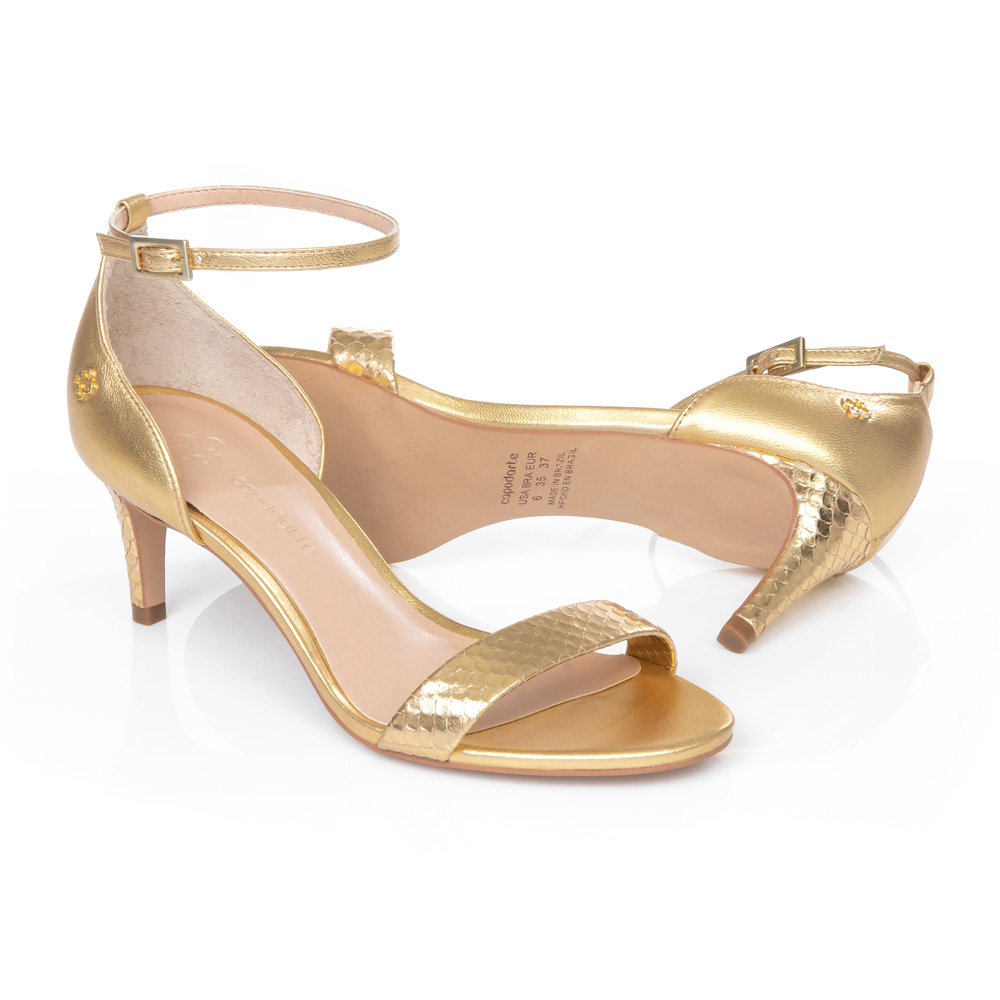 SANDÁLIA SALTO ALTO DOURADA METALIZADA DE COURO PITONE image number 2