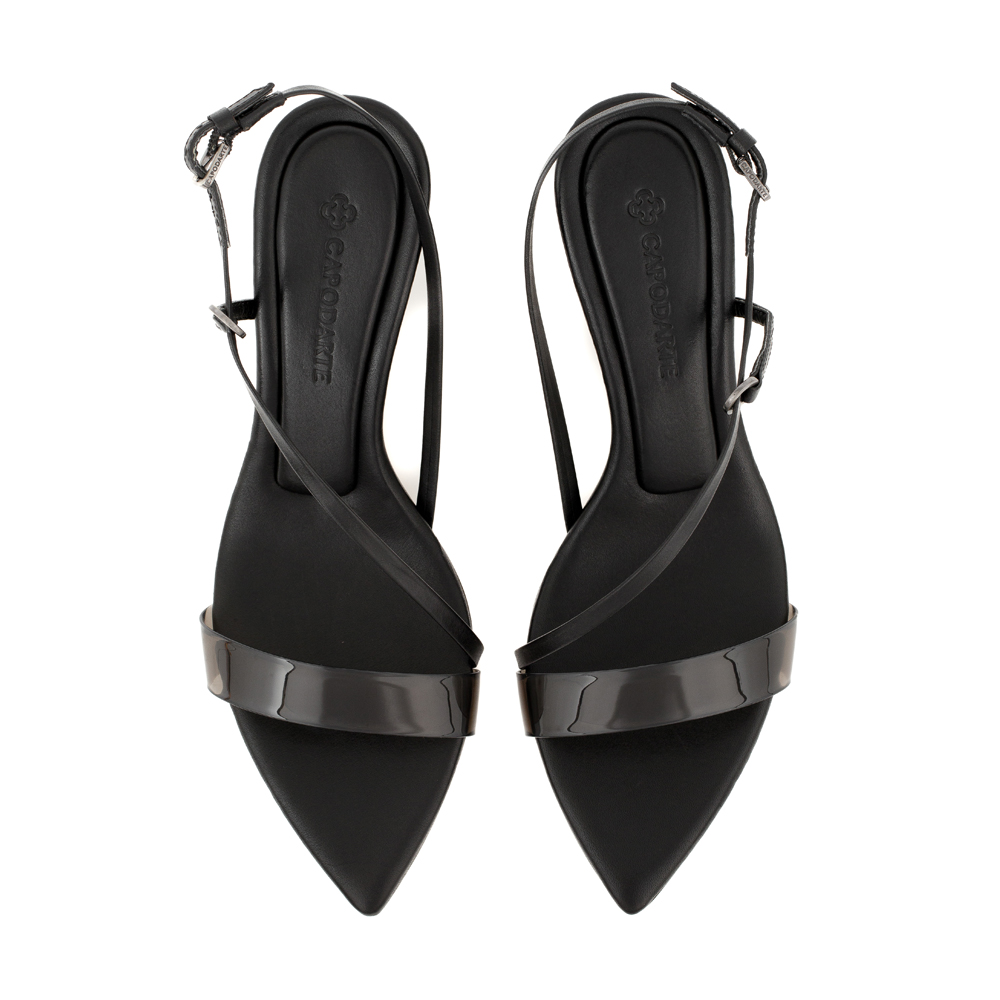 SANDÁLIA SALTO MÉDIO PRETA DE COURO COM TIRA VINIL image number 4