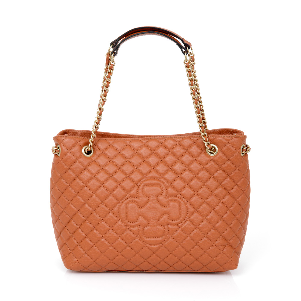 BOLSA M&Eacute;DIA CARAMELO CAMEL DE COURO MATELASS&Ecirc; CARINA image number 0