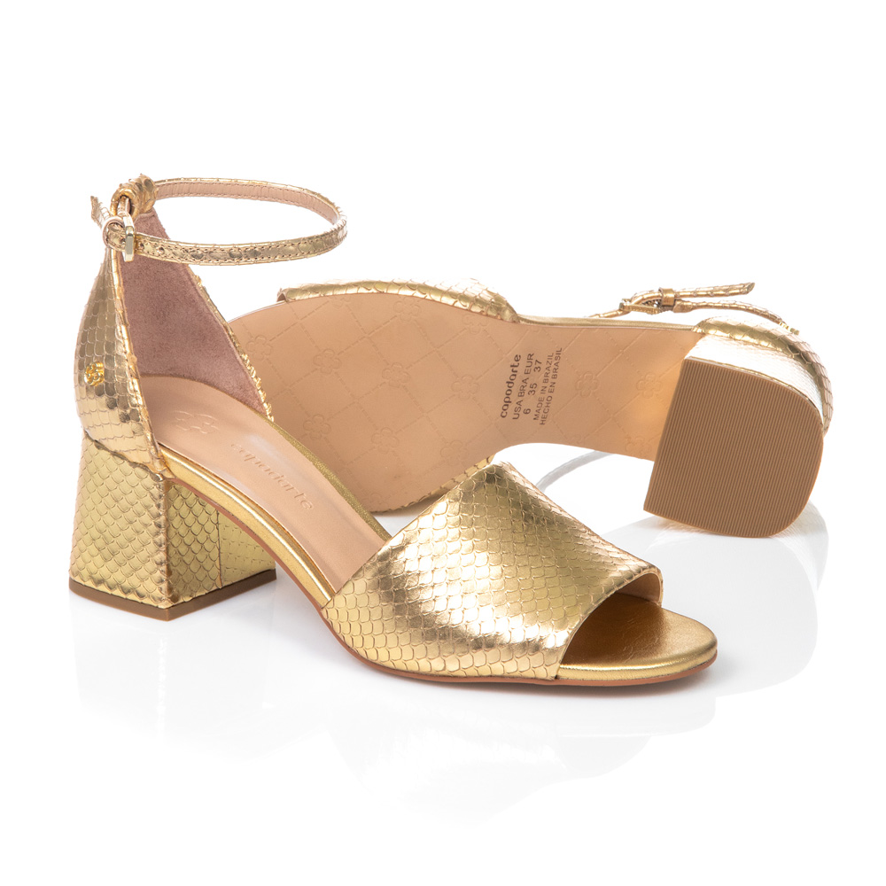 SANDÁLIA SALTO BLOCO DOURADA PITONE DE COURO image number 3