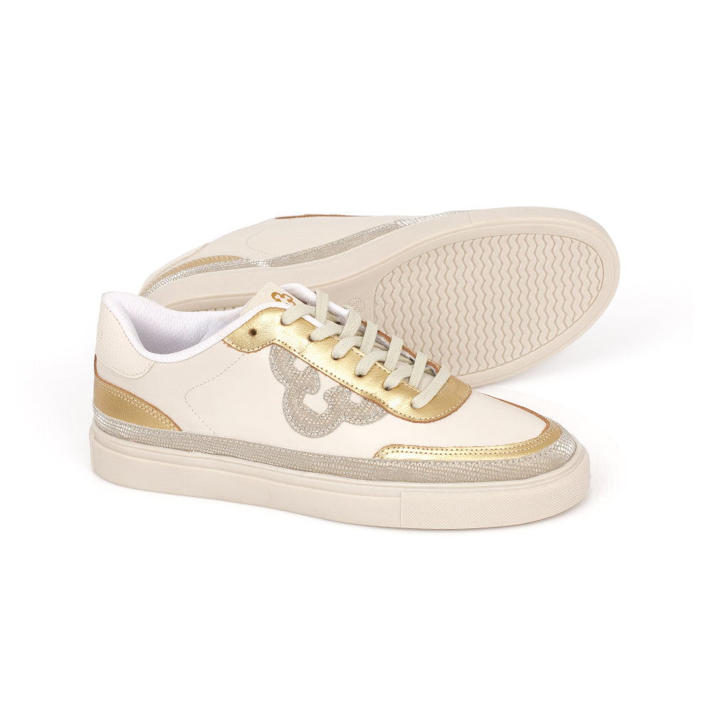 TÊNIS COURO BEGE E DOURADO AMARRAÇÃO FEMININO image number 3