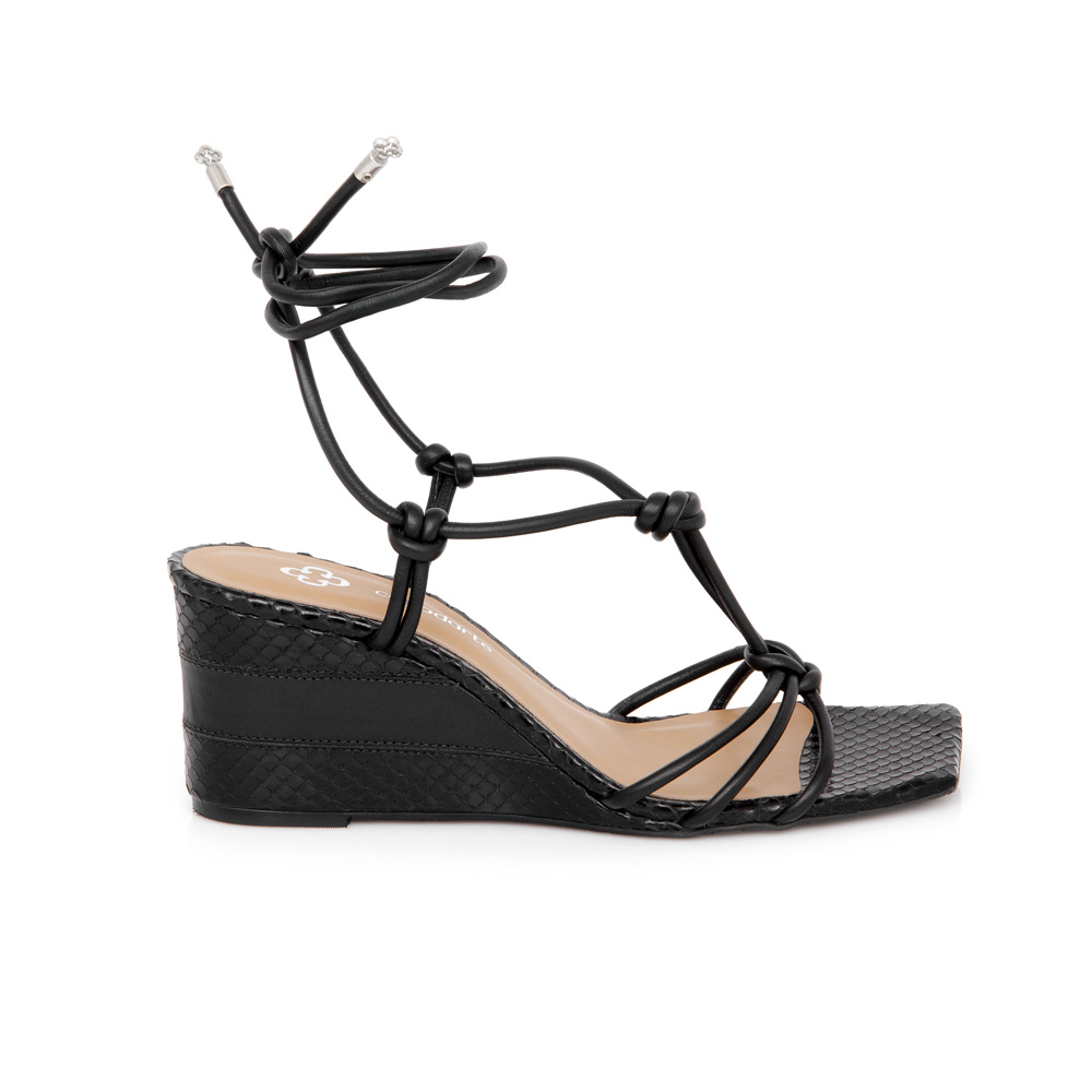 SANDÁLIA DE COURO SALTO ANABELA PRETA AMARRAÇÃO image number 0