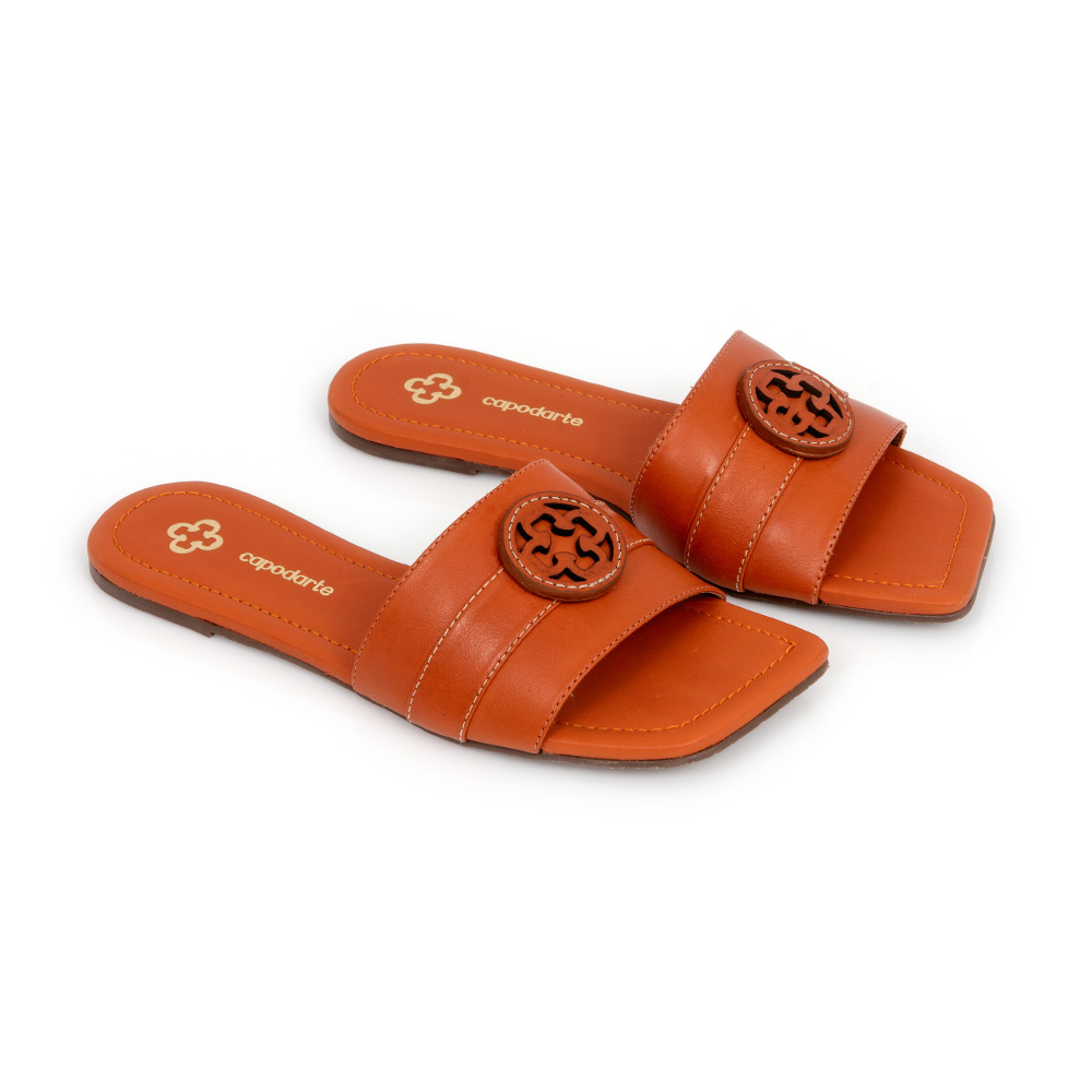 CHINELO RASTEIRO LARANJA DE COURO BICO QUADRADO image number 1