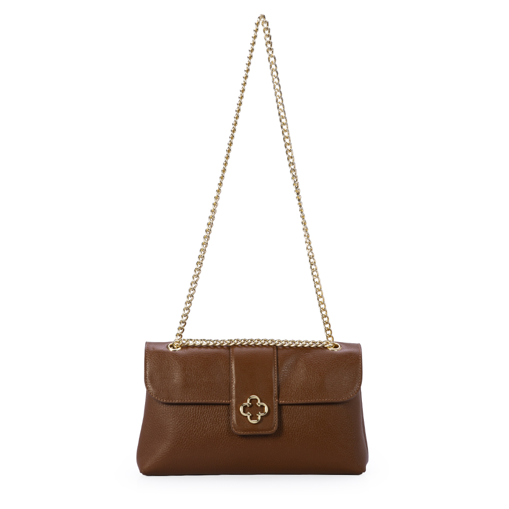 BOLSA M&Eacute;DIA MARROM DE COURO AL&Ccedil;A CORRENTE DOURADA image number 1