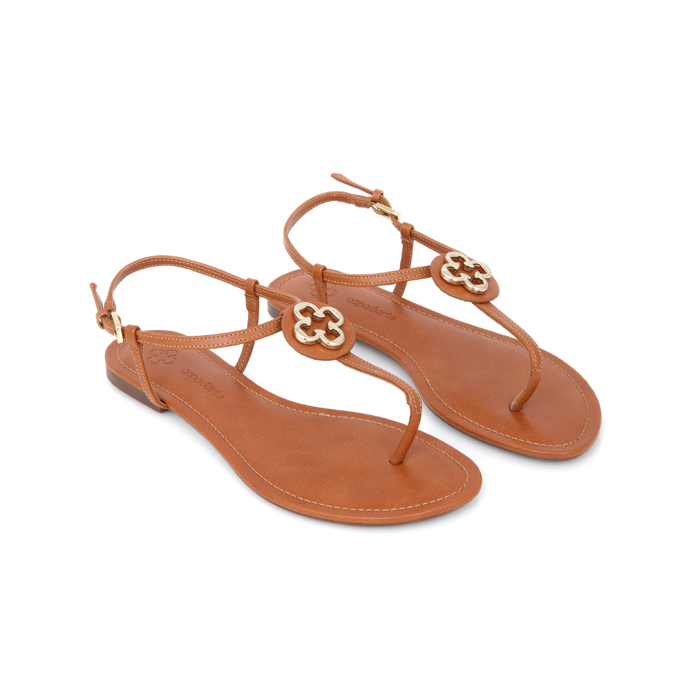 SANDÁLIA RASTEIRA CARAMELO CAMEL LOGO DOURADO image number 1